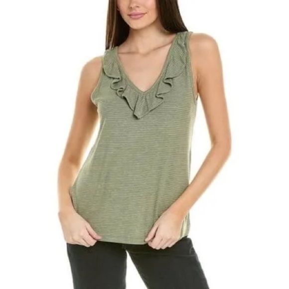 CAbi Tops - Cabi Medium 6143 Wink Tank Green Stripe Ruffle Sleeveless Top Ribbed Romantic